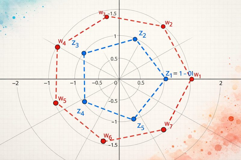 An Argand diagram: two rings of complex numbers, a blue pentagon inside a red heptagon, plotted on a polar grid.