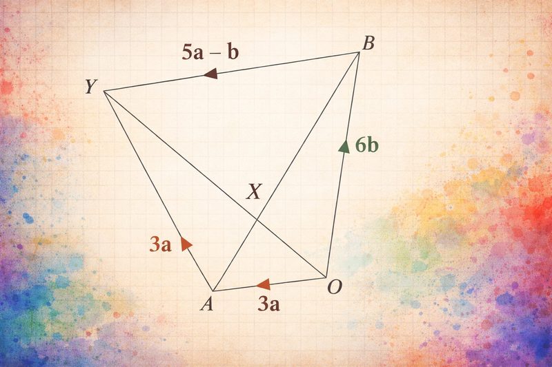 A vector diagram on grid paper: a quadrilateral with sides labelled 3a, 6b and 5a − b, and its diagonals crossing at a marked point.
